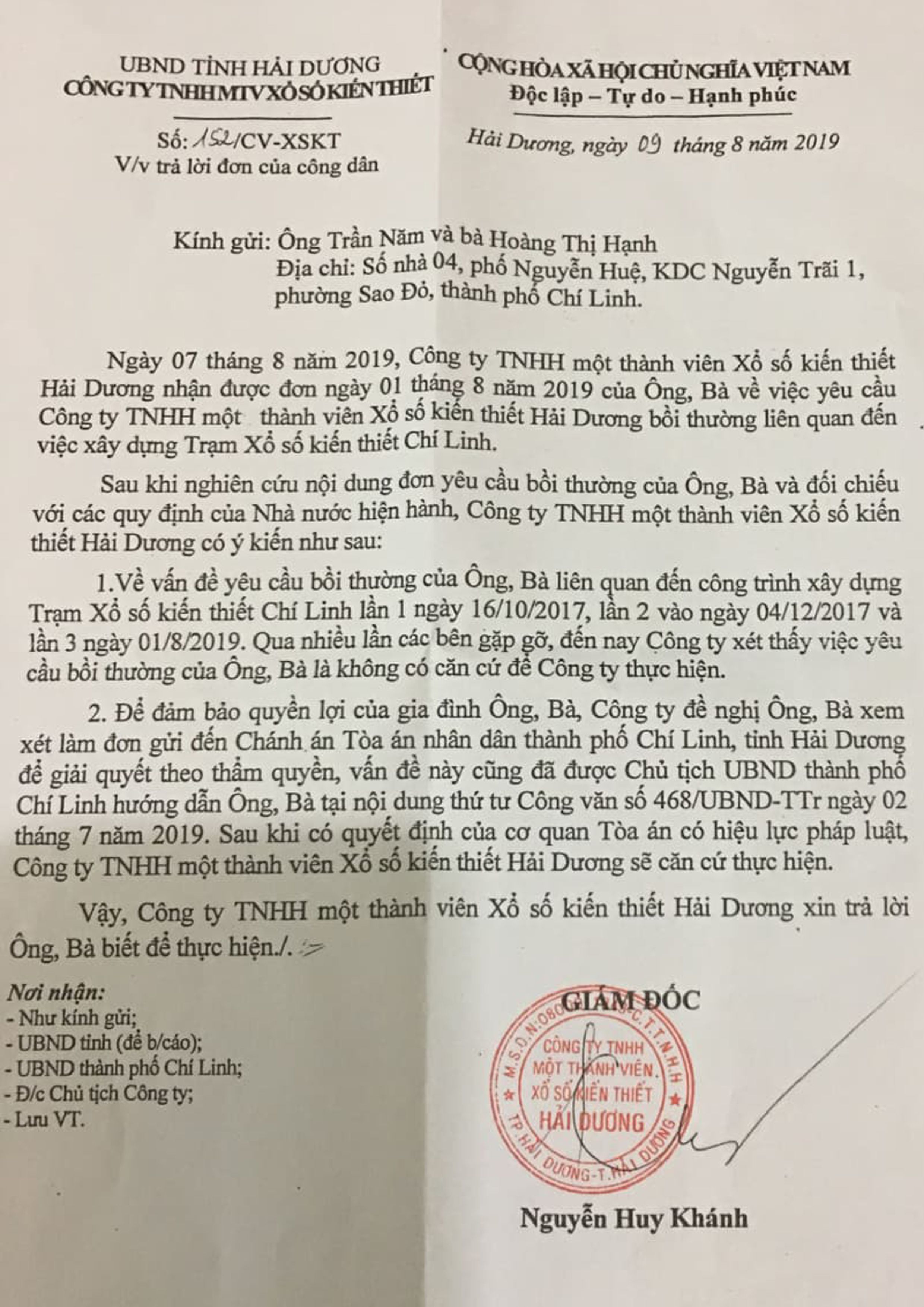 C&ocirc;ng văn trả lời gia đ&igrave;nh &ocirc;ng b&agrave; Năm Hạnh của C&ocirc;ng ty Xổ số kiến thiết Hải Dương