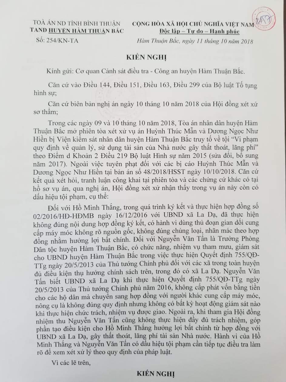 Viết tiếp vụ án xảy ra ở xã La Dạ, huyện Hàm Thuận Bắc, tỉnh Bình Thuận: Tòa kiến nghị, Cơ quan CSĐT ra quyết định khởi tố, Viện KSND “im lặng” !?