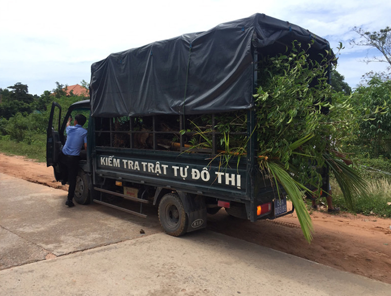 Lực lượng cưỡng chế ph&aacute; dỡ h&agrave;ng r&agrave;o kẽm gai, 40 trụ b&ecirc; t&ocirc;ng, 1 căn nh&agrave; tạm, nhổ c&acirc;y của gia đ&igrave;nh &ocirc;ng Minh.