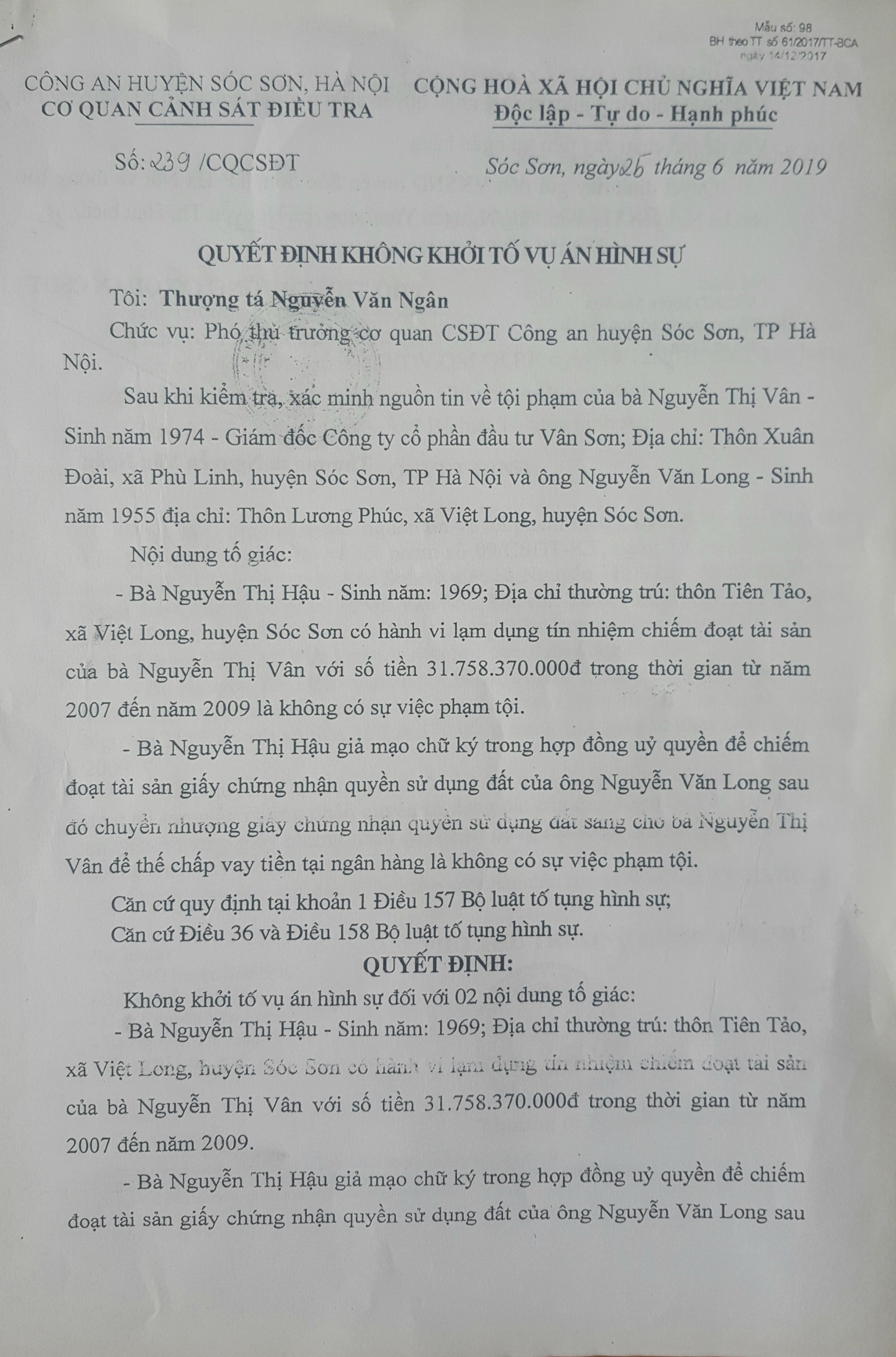 Quyết định kh&ocirc;ng khởi tố vụ &aacute;n