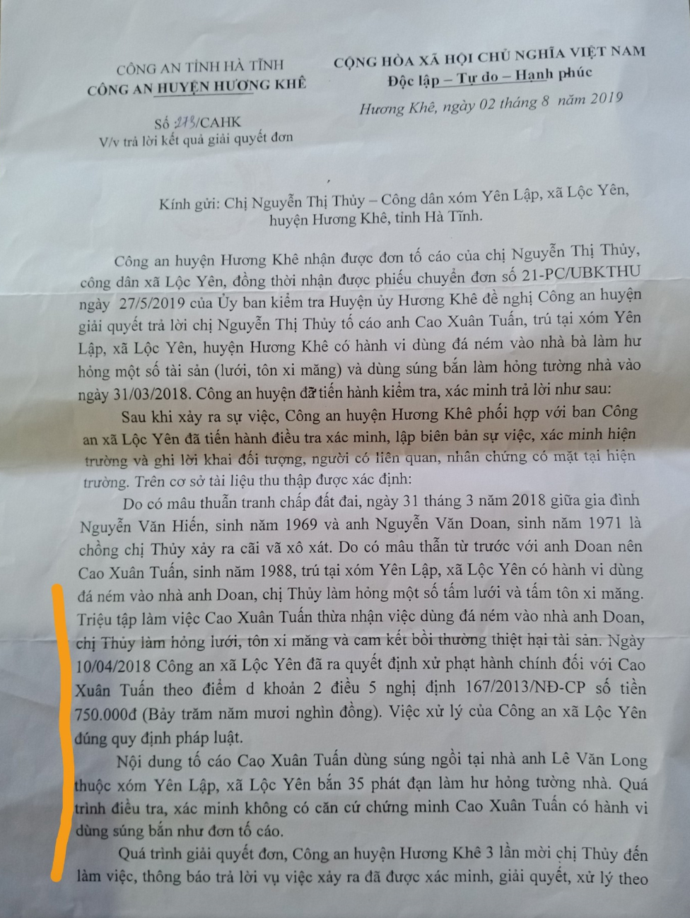 Văn bản trả lời đơn của C&ocirc;ng an huyện Hương Kh&ecirc;