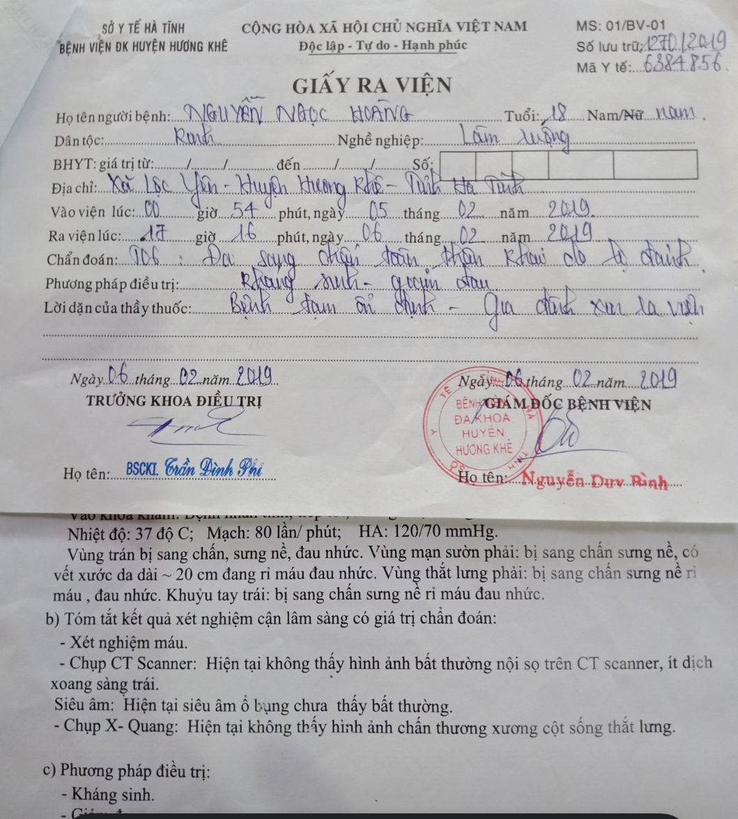 Giấy ra viện của anh Nguyễn Ngọc Ho&agrave;ng