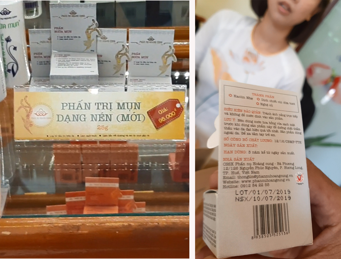 3.Sản phẩm Phấn ngừa mụn c&oacute; ghi số c&ocirc;ng bố mĩ phẩm nhưng ph&iacute;a trước sản phẩm lại để tấm bảng ghi &ldquo;Phấn Trị Mụn&rdquo; v&agrave; nh&acirc;n vi&ecirc;n b&aacute;n h&agrave;ng cũng x&aacute;c nhận sản phẩm n&agrave;y l&agrave; &ldquo;Phấn Trị Mụn&rdquo;