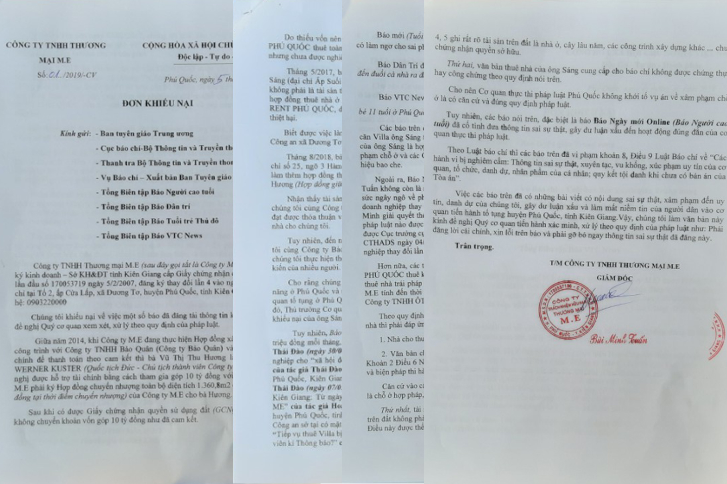 Đơn khiếu nại của C&ocirc;ng ty M.E, do &ocirc;ng B&ugrave;i Minh Tuấn k&iacute;, đ&oacute;ng dấu với tư c&aacute;ch Gi&aacute;m đốc l&agrave; tr&aacute;i ph&aacute;p luật