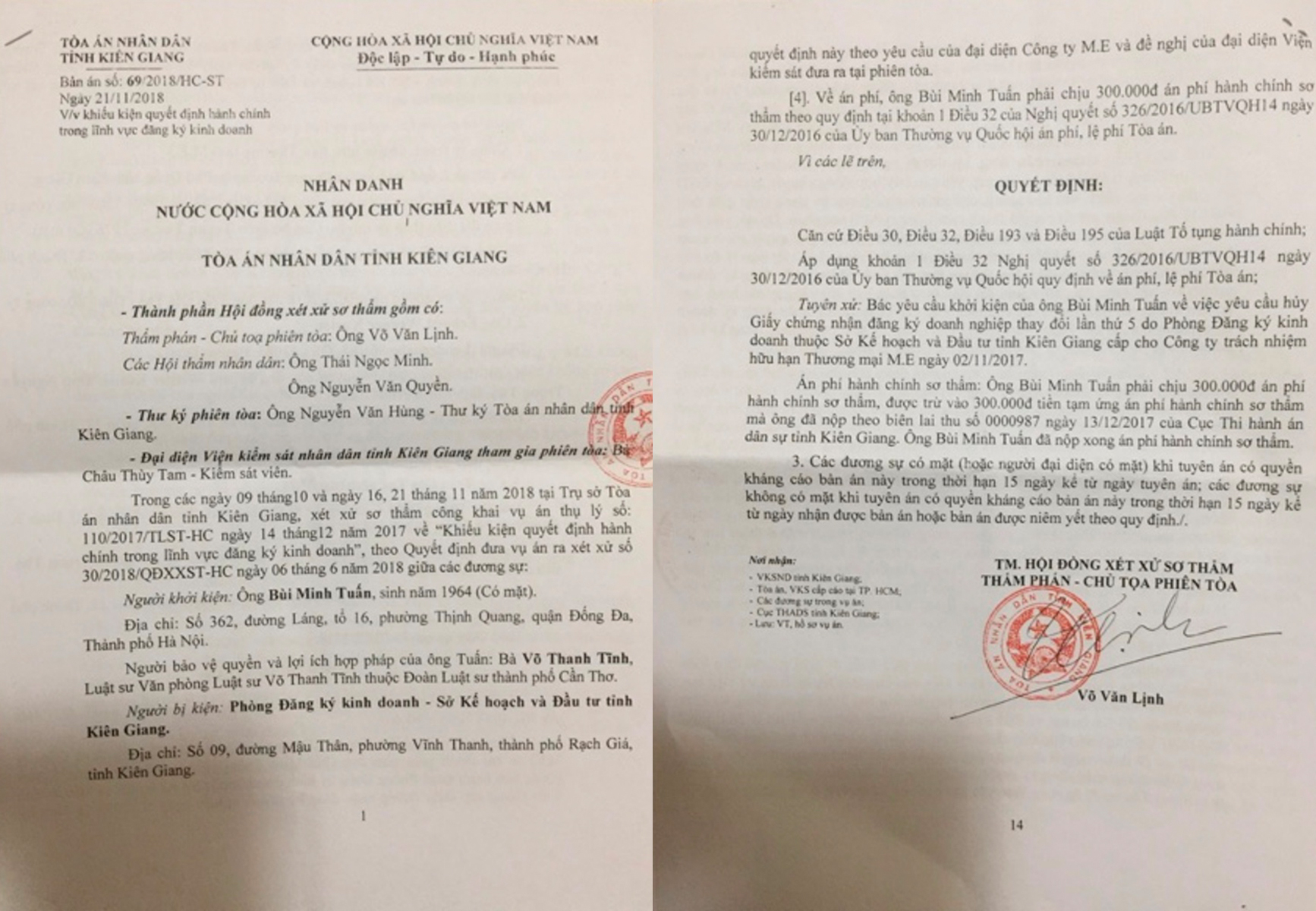 Bản &aacute;n sơ thẩm của TAND tỉnh Ki&ecirc;n Giang b&aacute;c Đơn khởi kiện của &ocirc;ng B&ugrave;i Minh Tuấn