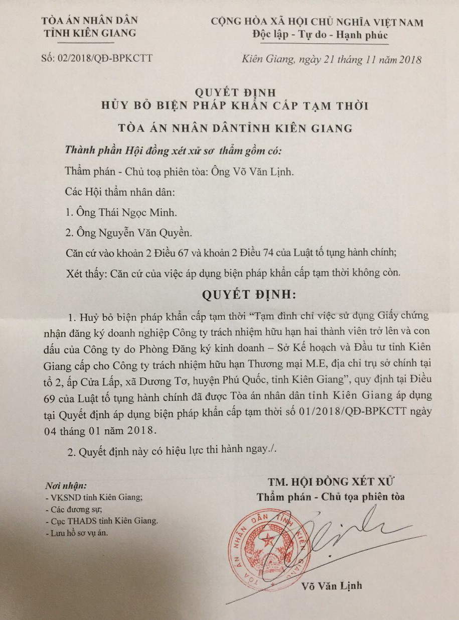Quyết định của TAND tỉnh Ki&ecirc;n Giang, về việc hủy bỏ biện ph&aacute;p khẩn cấp tạm thờibr class=