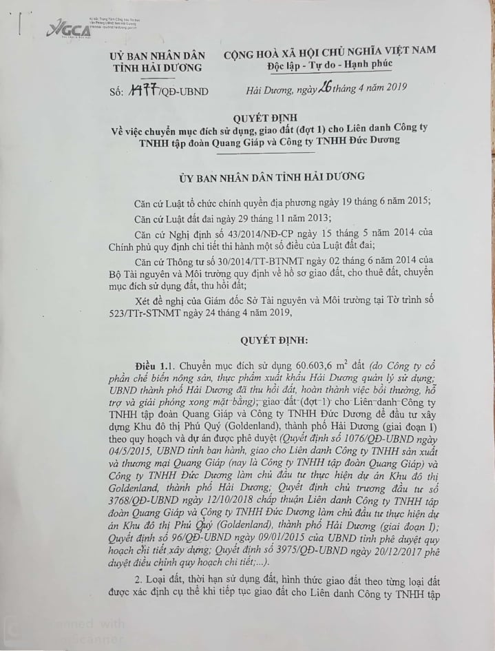 Quyết định số 1477/QĐ-UBND của UBND tỉnh Hải Dương về việc chuyển mục đ&iacute;ch sử dụng , giao đất đợt 1