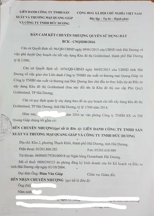 Hợp đồng cam kết chuyển nhượng quyền sử dụng đất BCK-CNQSDĐ/2016 trước khi được tỉnh giao đất