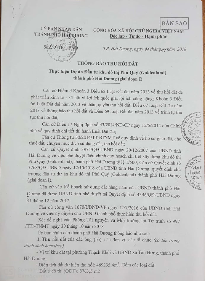 Th&ocirc;ng b&aacute;o số 833 về việc thu hồi đất ở đ&ocirc; thị, đất ở n&ocirc;ng th&ocirc;n&hellip; để thực hiện Dự &aacute;n đầu tư Khu đ&ocirc; thị Ph&uacute; Qu&yacute; Goldenland