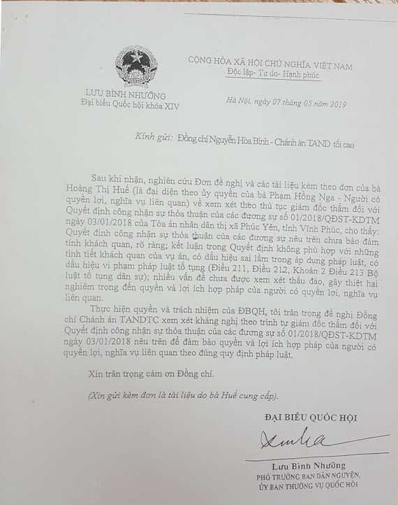 Văn bản của Đại biểu Quốc hội Lưu B&igrave;nh Nhưỡng gửi Ch&aacute;nh &aacute;n TAND Tối cao xem x&eacute;t