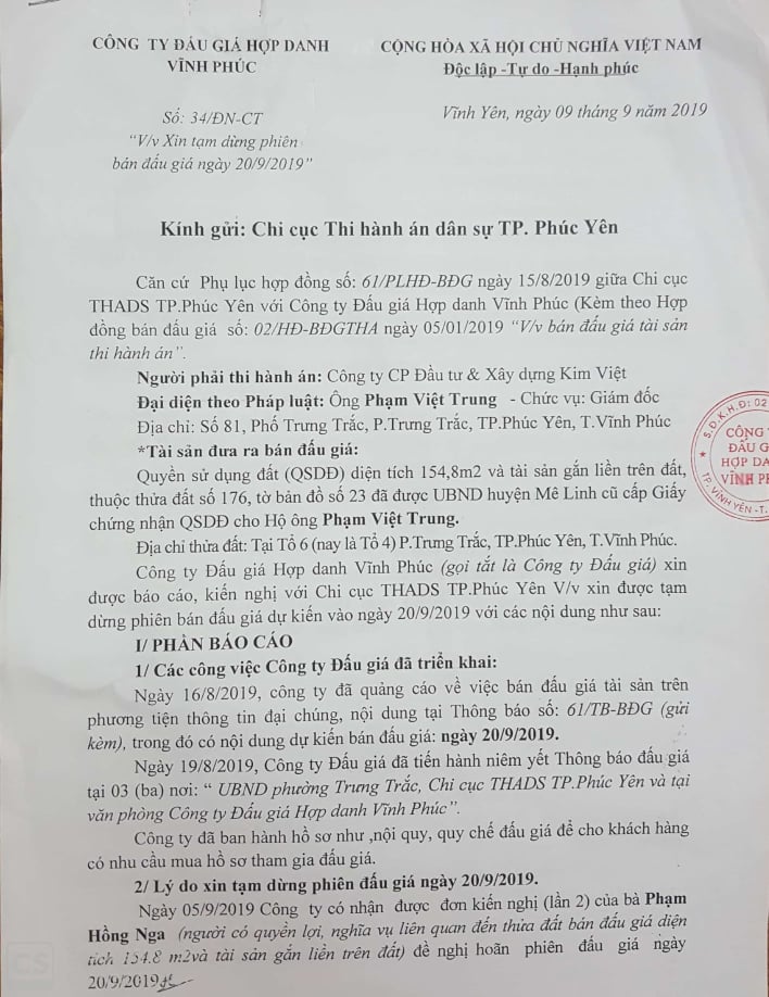 C&ocirc;ng văn của C&ocirc;ng ty đấu gi&aacute; Hợp danh Vĩnh Ph&uacute;c gửi Chi cục THADS TP. Ph&uacute;c Y&ecirc;n xin ho&atilde;n phi&ecirc;n b&aacute;n đấu gi&aacute; t&agrave;i sản