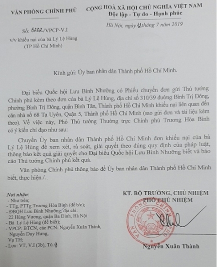 Về vụ vô cớ bị tịch thu nhà ở quận 5, TP Hồ Chí Minh: Phó Thủ tướng Thường trực Trương Hòa Bình yêu cầu xem xét lại vụ việc