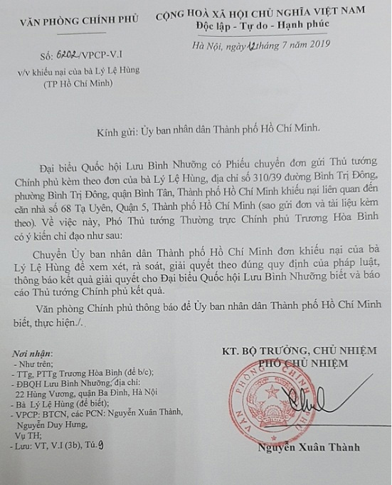 C&ocirc;ng văn số 6202/VPCP - V1 của Văn ph&ograve;ng Ch&iacute;nh phủ gửi UBND TP Hồ Ch&iacute; Minh.
