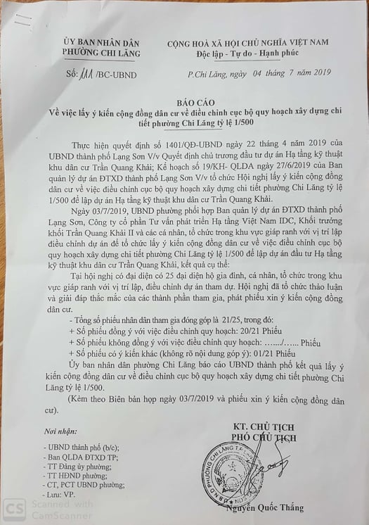 B&aacute;o c&aacute;o của UBND phường Chi Lăng về việc lấy &yacute; kiến cộng đồng d&acirc;n cư về điều chỉnh cục bộ quy hoạch x&acirc;y dựng chi tiết phường Chi Lăng tỷ lệ 1/500