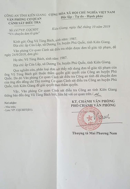 Văn bản chuyển đơn của Văn ph&ograve;ng Cơ quan CSĐT C&ocirc;ng an tỉnh Ki&ecirc;n Giang