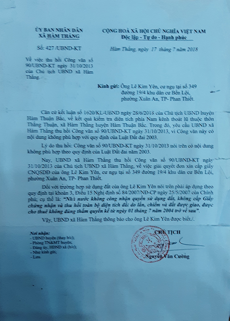 Văn bản của UBND x&atilde; H&agrave;m Thắng, về việc thu hồi văn bản tr&aacute;i luật