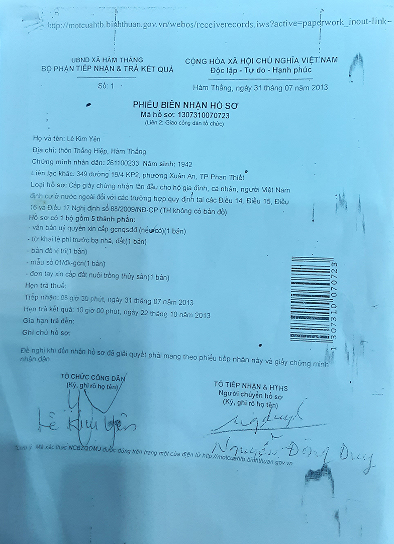 Phiếu bi&ecirc;n nhận hồ sơ của UBND x&atilde; H&agrave;m Thắng