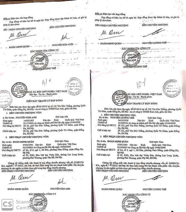 c&aacute;c văn bản hợp đồng số 01,02 v&agrave; thanh l&yacute; hợp đồng do &ocirc;ng Đo&agrave;n Văn Vinh k&iacute; giả chữ k&iacute; của Đo&agrave;n Minh Qu&acirc;n được Sở KH&amp;ĐT H&agrave; Nội cấp GCNDDKDN5 cho C&ocirc;ng ty Kim Anh avf được T&ograve;a Ph&uacute;c thẩm c&ocirc;ng nhận &ocirc;ng Qu&acirc;n l&agrave; th&agrave;nh vi&ecirc;n c&oacute; 50tyr vốn điều lệ của C&ocirc;ng ty Kim Anh
