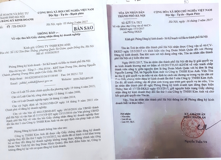 Th&ocirc;ng b&aacute;o số 17 của Sở KH&amp;ĐT về việc thu hồi GCNDĐKDN5 của C&ocirc;ng ty Kim Anh