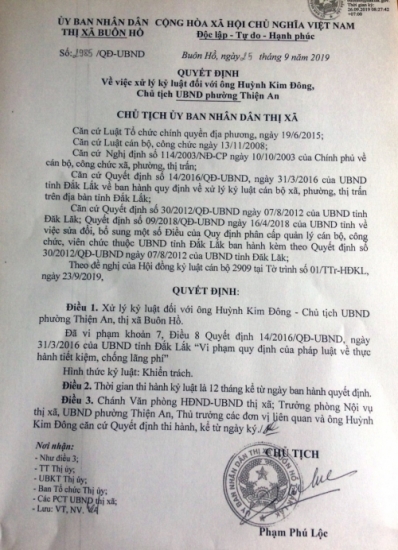 Thị xã Buôn Hồ, Đắk Lắk: Ông Huỳnh Kim Đông, Chủ tịch UBND phường Thiện An bị kỷ luật khiển trách