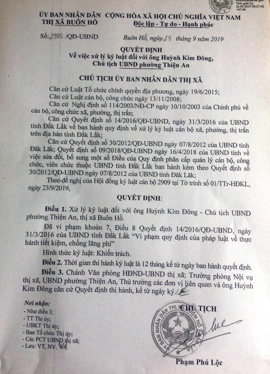 quyết định xử l&yacute; kỷ luật &ocirc;ng Huỳnh Kim Đ&ocirc;ng - Chủ tịch UBND phường Thiện An, thị x&atilde; Bu&ocirc;n Hồ.