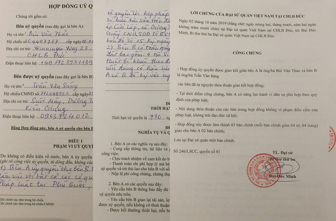 Hợp đồng ủy quyền &ocirc;ng Thảo ủy quyền cho anh S&aacute;ng, c&oacute; chứng thực của Đại sứ qu&aacute;n Việt Nam tại CHLB Đức