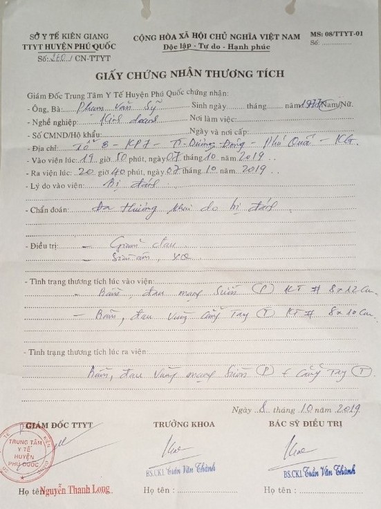 Giấy chứng thương của Trung t&acirc;m Y tế huyện Ph&uacute; Quốc, về thương t&iacute;ch của &ocirc;ng Sỹ