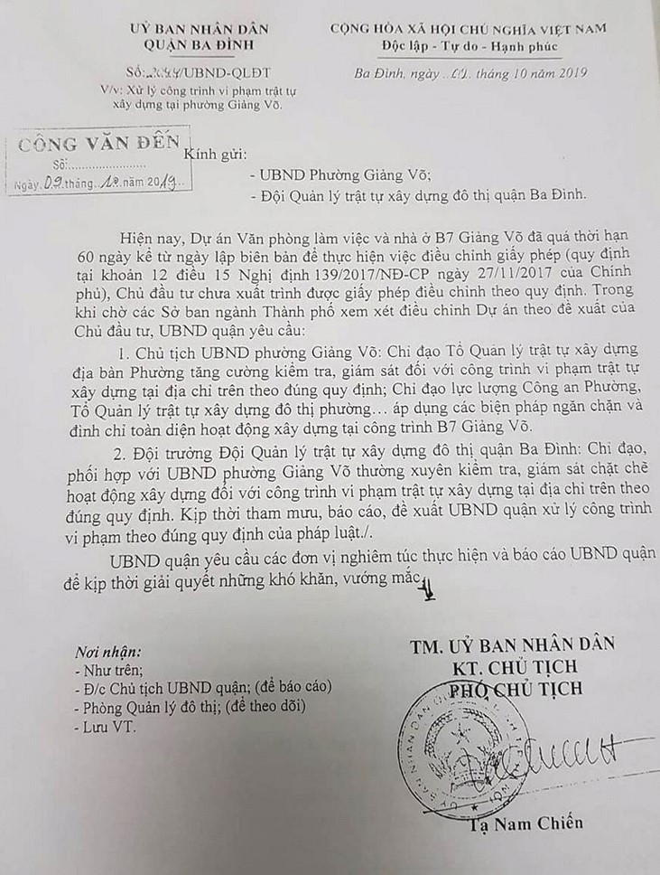 UBND quận Ba Đ&igrave;nh y&ecirc;u cầu &aacute;p dụng c&aacute;c biện ph&aacute;p ngăn chặn v&agrave; đ&igrave;nh chỉ to&agrave;n diện hoạt động x&acirc;y dựng tại c&ocirc;ng tr&igrave;nh B7 Giảng V&otilde;.