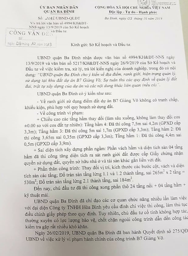 C&aacute;c sai phạm tại dự &aacute;n được n&ecirc;u r&otilde; tại Văn bản số 2043/UBND-QLĐT của UBND quận Ba Đ&igrave;nh.
