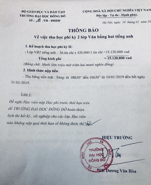 Th&ocirc;ng b&aacute;o về việc thu học ph&iacute; k&igrave; 2 lớp Văn bằng 2 tiếng Anh.