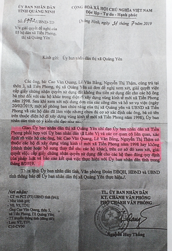 Văn bản của UBND tỉnh Quảng Ninh gửi thị x&atilde; Quảng Y&ecirc;n