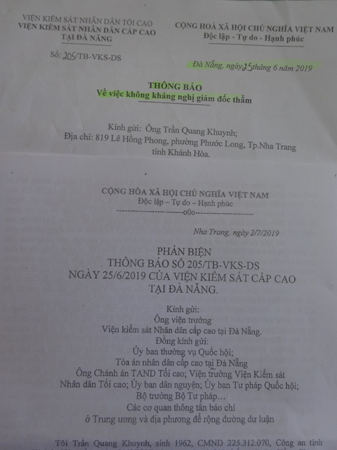 Th&ocirc;ng b&aacute;o số 205/TB-VKS-DS ng&agrave;y 25/6/2019, trả lời &ocirc;ng Trần Quang Khuynh v&agrave; Phản biện ng&agrave;y 2/7/2019 của &ocirc;ng Khuynh đối với Th&ocirc;ng b&aacute;o n&agrave;y