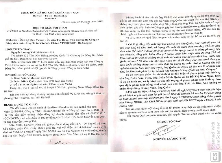 &ocirc;ng Nguyễn Lương Thế c&oacute; đơn tố gi&aacute;c ng&agrave;y 30.9.2019 đe fnghij khoi tyoos vụ &aacute;n h&igrave;nh sự đ&oacute;i với &ocirc;ng Vinh v&agrave; Qu&acirc;n