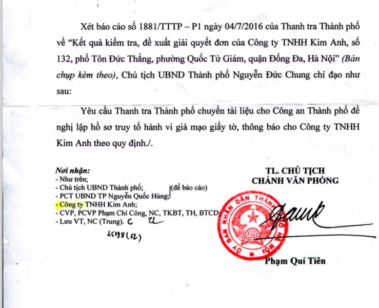 Văn bản số 198 của UBND TP h&agrave; Nội giao Thanh tra chuyển hồ sơ sang cơ quan C&ocirc;ng an lập h&ograve; sơ khỏi t&oacute; vụ &aacute;n h&igrave;nh sự