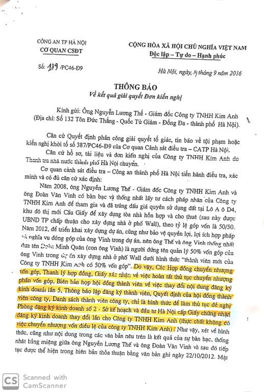 Th&ocirc;ng b&aacute;o 189 của PC46 Coonga n h&agrave; Nội về việc &ocirc;ng Vinh k&iacute; giả chữ k&iacute; cảu Qu&acirc;n v&agrave; kh&ocirc;ng co sthaatj việc chuyển nhượng 50 tỷ đồng vốn điều lệ