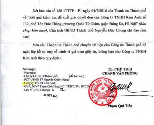 Công ty Kim Anh: Có đơn tố giác đề nghị khởi tố ông Vinh và ông Quân dùng chữ kí giả chiếm 50 tỉ đồng vốn điều lệ