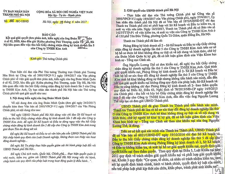 b&aacute;o c&aacute;o số 145 của UBND TP H&agrave; Nội với Thủ tướng Ch&iacute;nh phủ