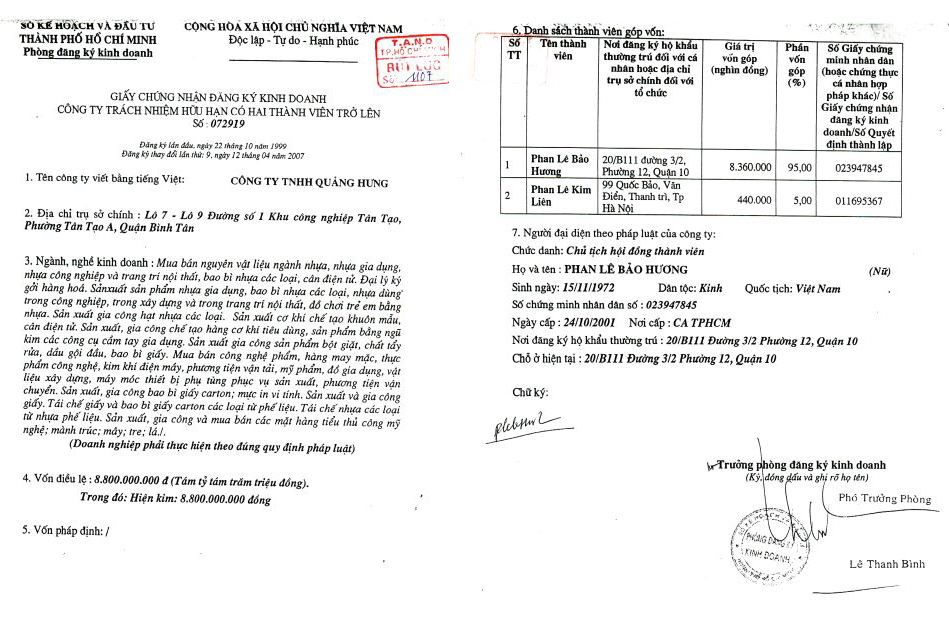 BL số 1107 gồm 2 h&igrave;nh ảnh BL số 1107 v&agrave; BL số 1107a: Đ&acirc;y l&agrave; một trong c&aacute;c t&agrave;i liệu ph&aacute;p l&yacute; chứng minh v&agrave;o đ&uacute;ng thời điểm ng&agrave;y 12/4/2007 b&agrave; Phan L&ecirc; Bảo Hương mới được Ph&aacute;p luật c&ocirc;ng nhận l&agrave; Gi&agrave;m đốc người đại diện ph&aacute;p luật của C&ocirc;ng ty TNHH Quảng Hưng (mới).