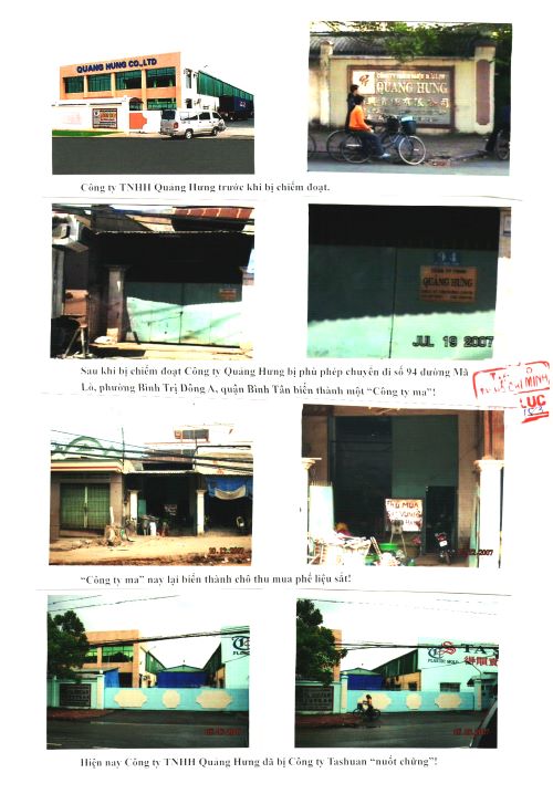 BL số 183: Diễn giải chứng minh về sự kiện trụ sở C&ocirc;ng ty Quảng Hưng bị chuyển từ KCN T&acirc;n Tạo đến số 94 M&atilde; L&ograve; (biến th&agrave;nh C&ocirc;ng ty ma); C&ograve;n trụ sở ch&iacute;nh của C&ocirc;ng ty Quảng Hưng th&igrave; bị lập tức thay đổi th&agrave;nh bảng hiệu C&ocirc;ng ty Ta Shuan.