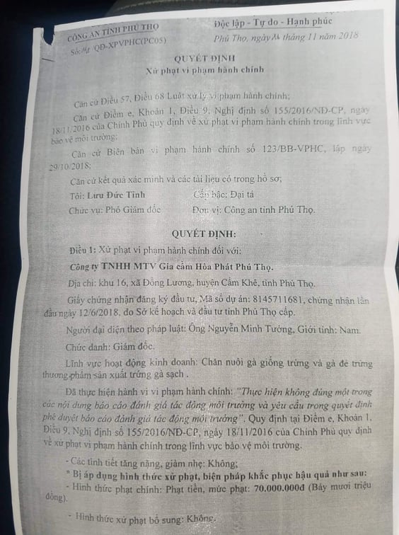 C&ocirc;ng an tỉnh Ph&uacute; Thọ ra quyết định xử phạt