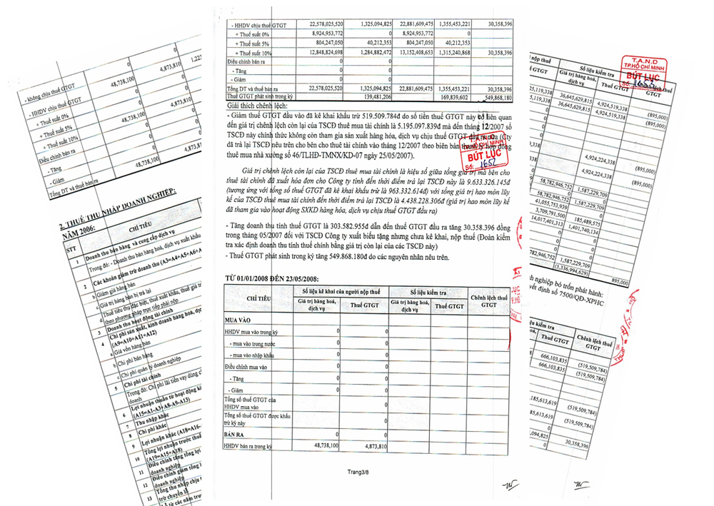 T&agrave;i liệu trong hồ sơ bi&ecirc;n bản kiểm tra thuế ni&ecirc;n độ 2006 => 25/03/2008 do Cục thuế TP.Hồ Ch&iacute; Minh cung cấp theo y&ecirc;u cầu của TAND TP.Hồ Ch&iacute; Minh: (Đ&acirc;y l&agrave; 03 trang chứng cứ c&oacute; số b&uacute;t lục, thể hiện về những vấn đề kh&ocirc;ng hợp l&yacute; li&ecirc;n quan đến thuế gi&aacute; trị gi&aacute; tăng (GTGT) năm 2007 v&agrave; năm 2008 (từ 01/01/2008 đến 23/05/2008) của C&ocirc;ng ty TNHH Quảng Hưng thời k&igrave; của b&agrave; Phan L&ecirc; Bảo Hương.