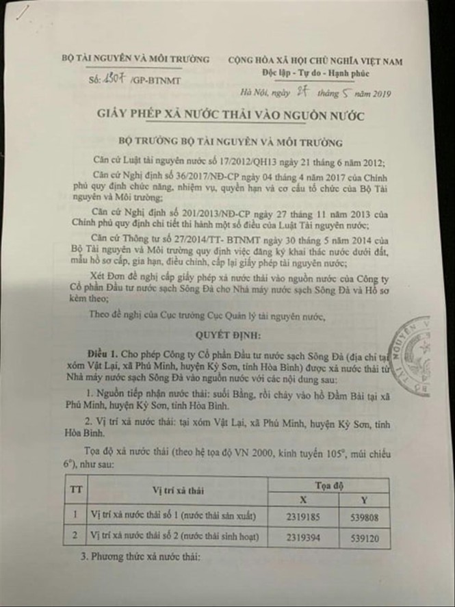 Văn bản cho ph&eacute;p Nh&agrave; m&aacute;y nước sạch s&ocirc;ng Đ&agrave; xả thải ra hồ Đầm B&agrave;i