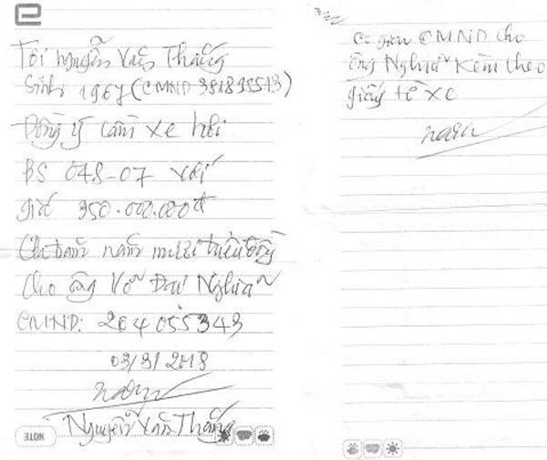 Giấy viết tay, loại giấy kẻ ngang đ&atilde; c&oacute; ghi chữ sẵn l&agrave; nội dung Thắng viết giấy cầm xe cho Nghĩa từ khi c&ograve;n ở tr&ecirc;n căn hộ.