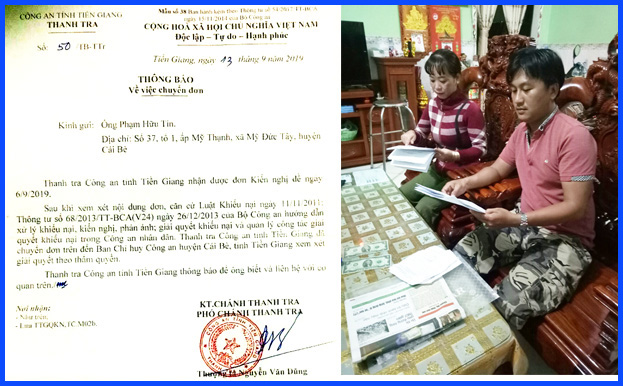 Văn bản số 50/TB-TTr ng&agrave;y 13/9/2019 của Thanh tra C&ocirc;ng an tỉnh Tiền Giang. Vợ chồng &ocirc;ng Phạm Hữu T&iacute;n v&agrave; b&agrave; Nguyễn thị Kiều Quy&ecirc;n bức x&uacute;c phản &aacute;nh việc C&ocirc;ng an huyện c&aacute;i B&egrave;&rdquo; ng&acirc;m&rdquo;hồ sơ.