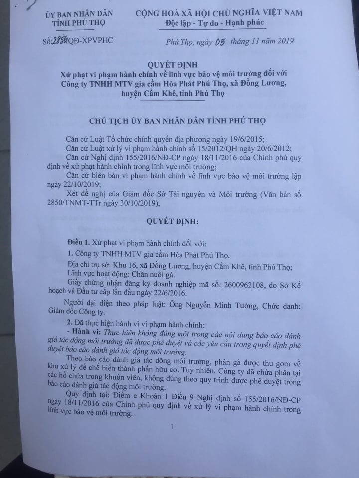 UBND tỉnh Ph&uacute; THọ ra quyết định xử phạt C&ocirc;ng ty thuộc tập đo&agrave;n H&ograve;a Ph&aacute;t g&acirc;y &ocirc; nhiễm m&ocirc;i trường