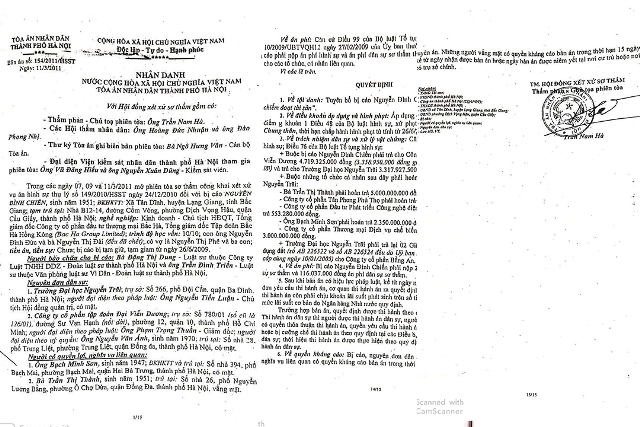 Bản &aacute;n sơ thẩm số 154/2011/HSST của TAND TP H&agrave; Nội