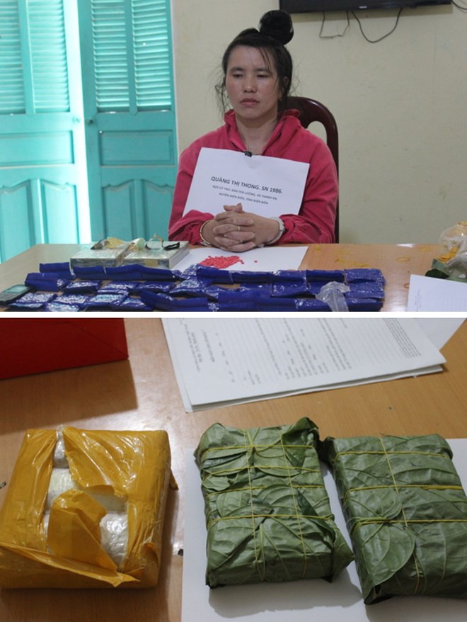 Qu&agrave;ng Thị Thoong c&ugrave;ng tang vật bị bắt giữ. Ảnh CAND