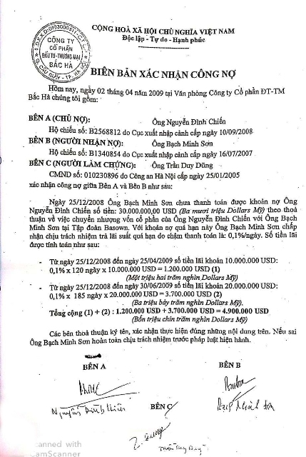 Bi&ecirc;n bản x&aacute;c nhận c&ocirc;ng nợ giữa &ocirc;ng Nguyễn Đ&igrave;nh Chiến v&agrave; &ocirc;ng Bạch Minh Sơn, người l&agrave;m chứng l&agrave; &ocirc;ng Trần Duy Dũng