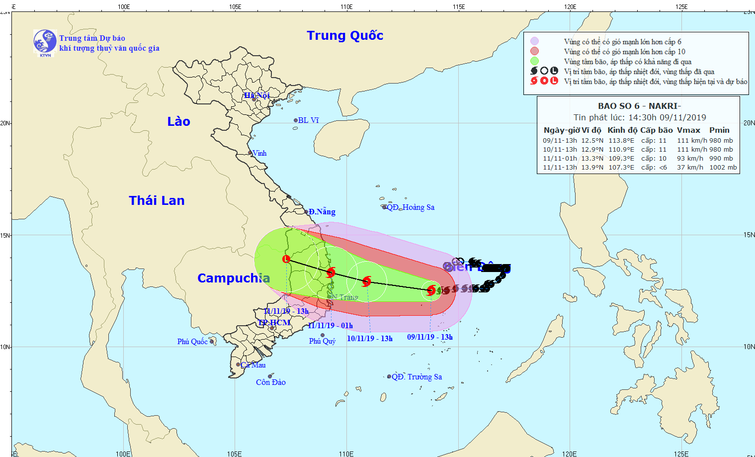 Đường đi của b&atilde;o số 6 v&agrave;o l&uacute;c 14h30 ng&agrave;y 9/11/2019. Ảnh: nchmf.gov.vn