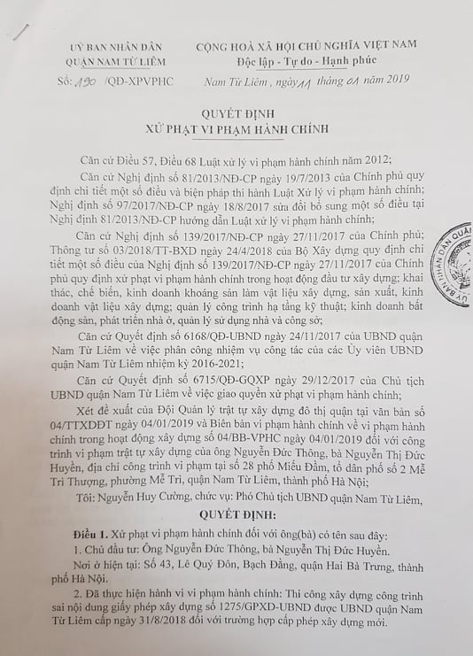 Ng&agrave;y 1/1/2019, UBND quận Nam Từ Li&ecirc;m ra Quyết định số: 190/QĐ-XPVPHC đối với &ocirc;ng Nguyễn Văn Th&ocirc;ng v&agrave; Nguyễn Thị Đức Huyền